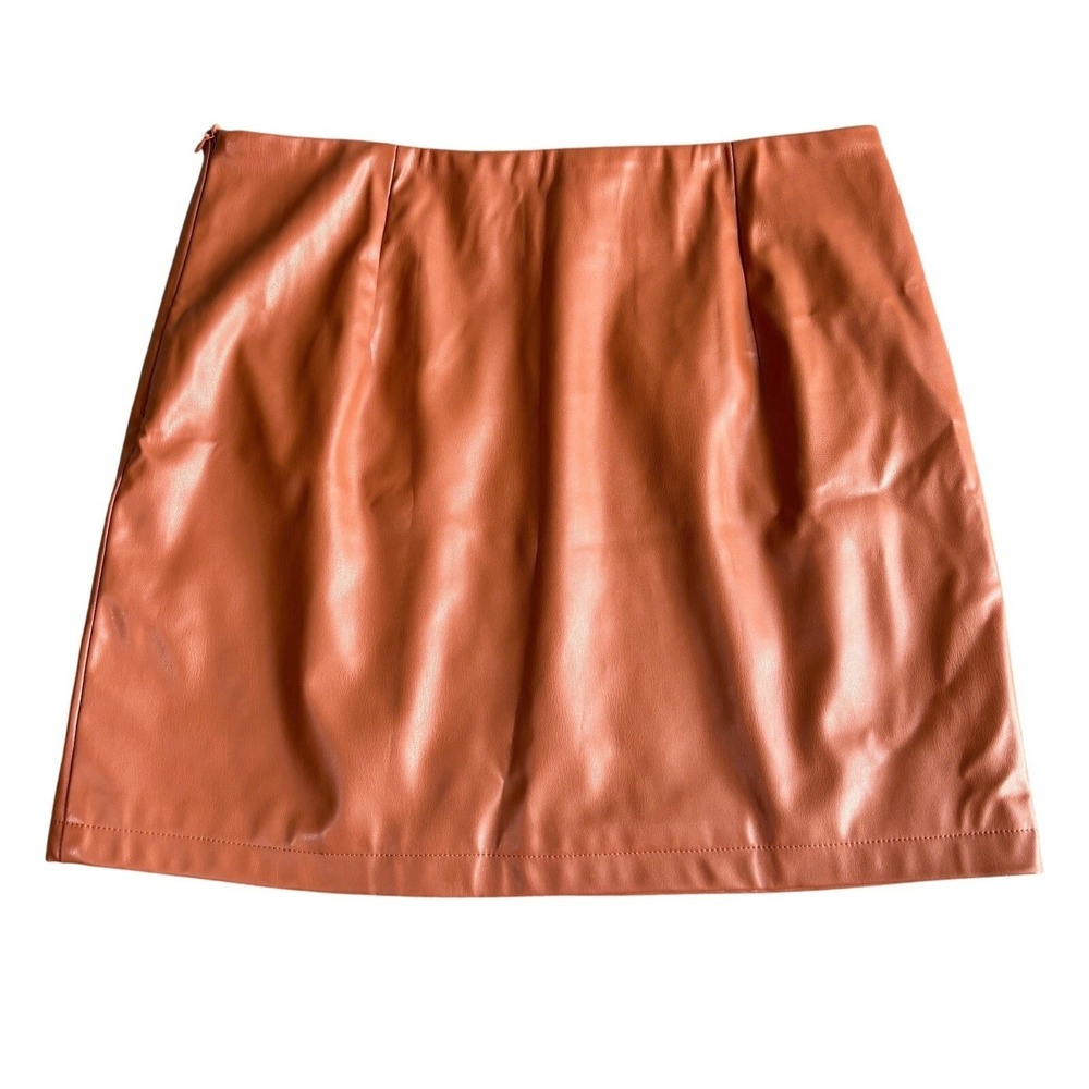 Women Faux Leather Preppy Mini Skirt Orange A Line Zip Closure Size M